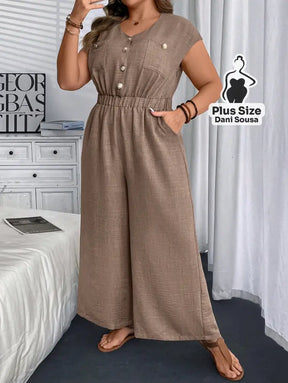 Macacão De Botões Com Bolsos Plus Size Macacão De Botões Com Bolsos Plus Size