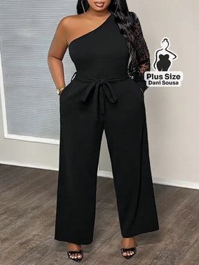 Macacão De Um Ombro Só Com Manga Transparente Plus Size Macacão De Um Ombro Só Com Manga Transparente Plus Size