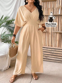 Macacão Elegante Com Mangas Ampla Plus Size Damasco / G Macacão Elegante Com Mangas Ampla Plus Size