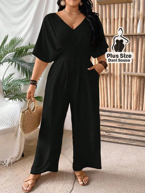 Macacão Elegante Com Mangas Ampla Plus Size Preto / G Macacão Elegante Com Mangas Ampla Plus Size