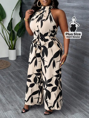 Macacão Longo De Gola Alta Plus Size Conjunto Cropped e Shorts Estampado com Detalhes de Renda Plus Size