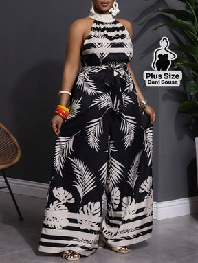 Macacão Longo De Gola Alta Plus Size Conjunto Cropped e Shorts Estampado com Detalhes de Renda Plus Size