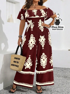 Macacão Ombro A Ombro Estampado Folhagem Plus Size Macacão Ombro A Ombro Estampado Folhagem Plus Size