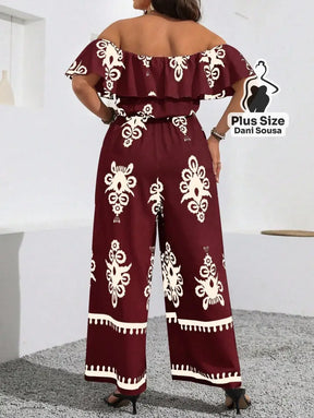 Macacão Ombro A Ombro Estampado Folhagem Plus Size Macacão Ombro A Ombro Estampado Folhagem Plus Size