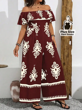 Macacão Ombro A Ombro Estampado Folhagem Plus Size Macacão Ombro A Ombro Estampado Folhagem Plus Size