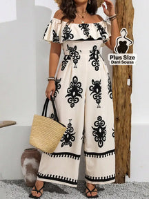 Macacão Ombro A Ombro Estampado Folhagem Plus Size Bege / G Macacão Ombro A Ombro Estampado Folhagem Plus Size