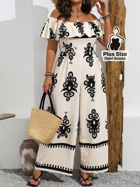 Macacão Ombro A Ombro Estampado Folhagem Plus Size Bege / G Macacão Ombro A Ombro Estampado Folhagem Plus Size