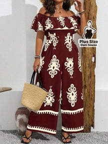 Macacão Ombro A Ombro Estampado Folhagem Plus Size Vinho / G Macacão Ombro A Ombro Estampado Folhagem Plus Size