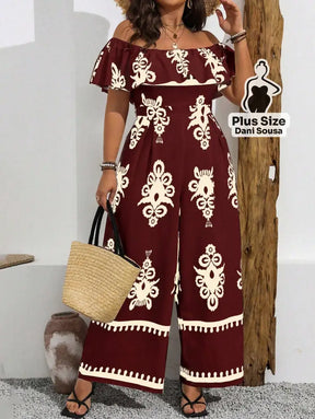 Macacão Ombro A Ombro Estampado Folhagem Plus Size Vinho / G Macacão Ombro A Ombro Estampado Folhagem Plus Size