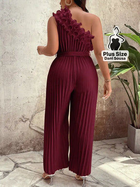 Macacão Plissado Com Babado E Um Ombro Só Plus Size Macacão Plissado Com Babado E Um Ombro Só Plus Size