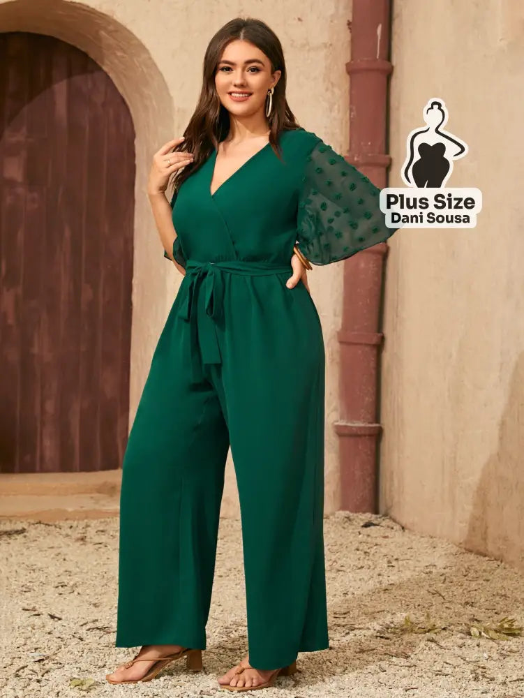 Macacão Sofisticado Com Manga Translúcida Plus Size Verde Escuro / G Macacão Sofisticado Com Manga Translúcida Plus Size