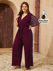 Macacão Sofisticado Com Manga Translúcida Plus Size Vinho / G Macacão Sofisticado Com Manga Translúcida Plus Size
