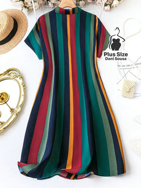 Vestido Chemise Listrado Colorido com Botões Plus Size Vestido Chemise Listrado Colorido com Botões Plus Size