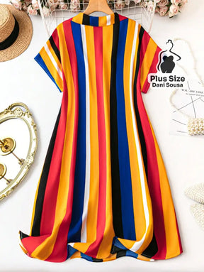 Vestido Chemise Listrado Colorido com Botões Plus Size Vestido Chemise Listrado Colorido com Botões Plus Size