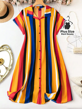 Vestido Chemise Listrado Colorido com Botões Plus Size Cor 2 / G Vestido Chemise Listrado Colorido com Botões Plus Size