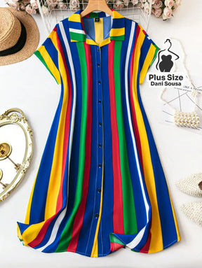 Vestido Chemise Listrado Colorido com Botões Plus Size Cor 3 / G Vestido Chemise Listrado Colorido com Botões Plus Size