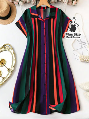 Vestido Chemise Listrado Colorido com Botões Plus Size Cor 4 / G Vestido Chemise Listrado Colorido com Botões Plus Size