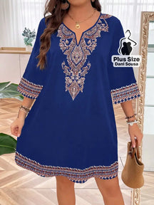 Vestido Estilo Boho Com Bordado Sofisticado Plus Size Azul / G Vestido Estilo Boho Com Bordado Sofisticado Plus Size