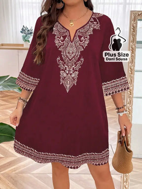 Vestido Estilo Boho Com Bordado Sofisticado Plus Size Vinho / G Vestido Estilo Boho Com Bordado Sofisticado Plus Size