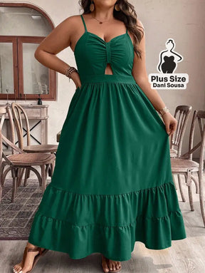 Vestido Longo com Alças Finas e Detalhe de Recorte Plus Size Verde / G Vestido Longo com Alças Finas e Detalhe de