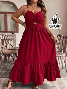 Vestido Longo com Alças Finas e Detalhe de Recorte Plus Size Vermelho / G Vestido Longo com Alças Finas e Detalhe de