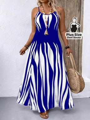 Vestido Longo com Estampa Zebrada e Alças Finas Plus Size Azul / G Vestido Longo Estampado com Lastex e Alças Largas