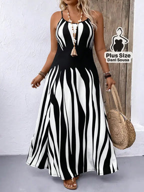 Vestido Longo com Estampa Zebrada e Alças Finas Plus Size Preto / G Vestido Longo Estampado com Lastex e Alças Largas