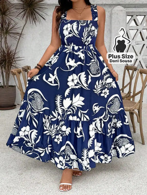 Vestido Longo Estampado com Lastex e Alças Largas Plus Size Vestido Longo Estampado com Lastex e Alças Largas Plus Size