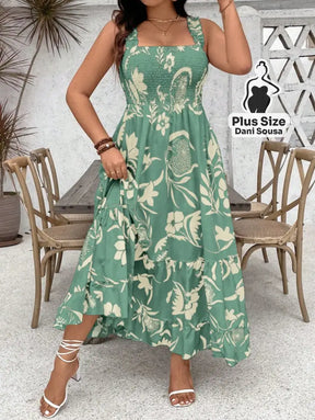 Vestido Longo Estampado com Lastex e Alças Largas Plus Size Verde / G Vestido Longo Estampado com Lastex e Alças Largas