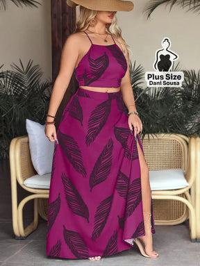 Vestido Longo Estampado de Alças Finas com Recorte na Cintura Plus Size Conjunto Cropped e Shorts Estampado com