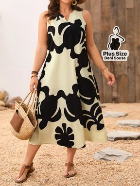 Vestido Longo Listrado com Decote V e Fenda Plus Size Bege / G Vestido Longo Listrado com Decote V e Fenda Plus Size