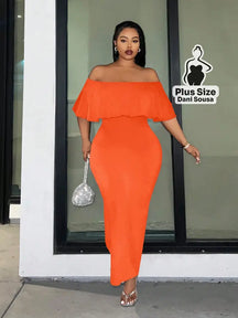 Vestido Longo Ombro a Ombro com Babado Plus Size Laranja / G Vestido Longo Ombro a Ombro com Babado Plus Size