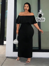 Vestido Longo Ombro a Ombro com Babado Plus Size Preto / G Vestido Longo Ombro a Ombro com Babado Plus Size