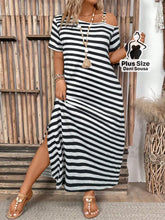 Vestido Longo Ombro Caído com Fenda Lateral Plus Size Vestido Canelado Midi com Cordão Ajustável e Fenda Lateral Plus