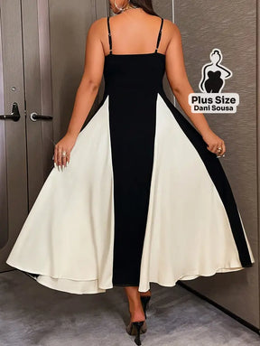 Vestido Midi Bicolor com Alças Finas e Saia Ampla Plus Size Conjunto Cropped e Shorts Estampado com Detalhes de Renda