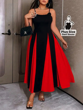 Vestido Midi Bicolor com Alças Finas e Saia Ampla Plus Size Conjunto Cropped e Shorts Estampado com Detalhes de Renda