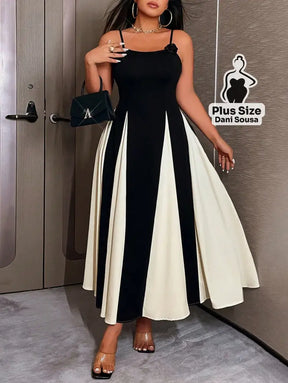 Vestido Midi Bicolor com Alças Finas e Saia Ampla Plus Size Conjunto Cropped e Shorts Estampado com Detalhes de Renda