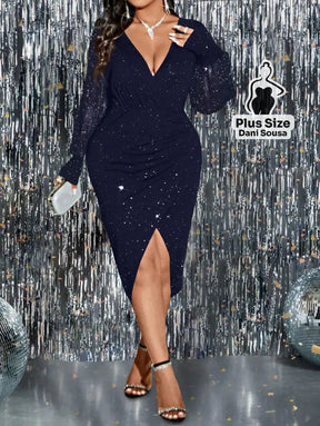 Vestido Midi com Manga Tule Brilhante Plus Size Azul Marinho / G Vestido Midi com Manga Tule Brilhante Plus Size