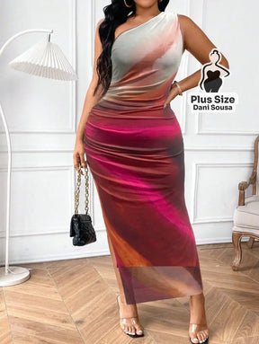 Vestido Midi de Um Ombro Só com Estampa Abstrata e Fenda Plus Size Vestido Midi de Um Ombro Só com Estampa Abstrata e