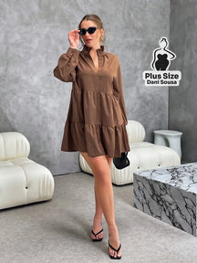 Vestido Sofisticado De Manga Longa Com Babados Plus Size Castanho / G Vestido Sofisticado De Manga Longa Com Babados